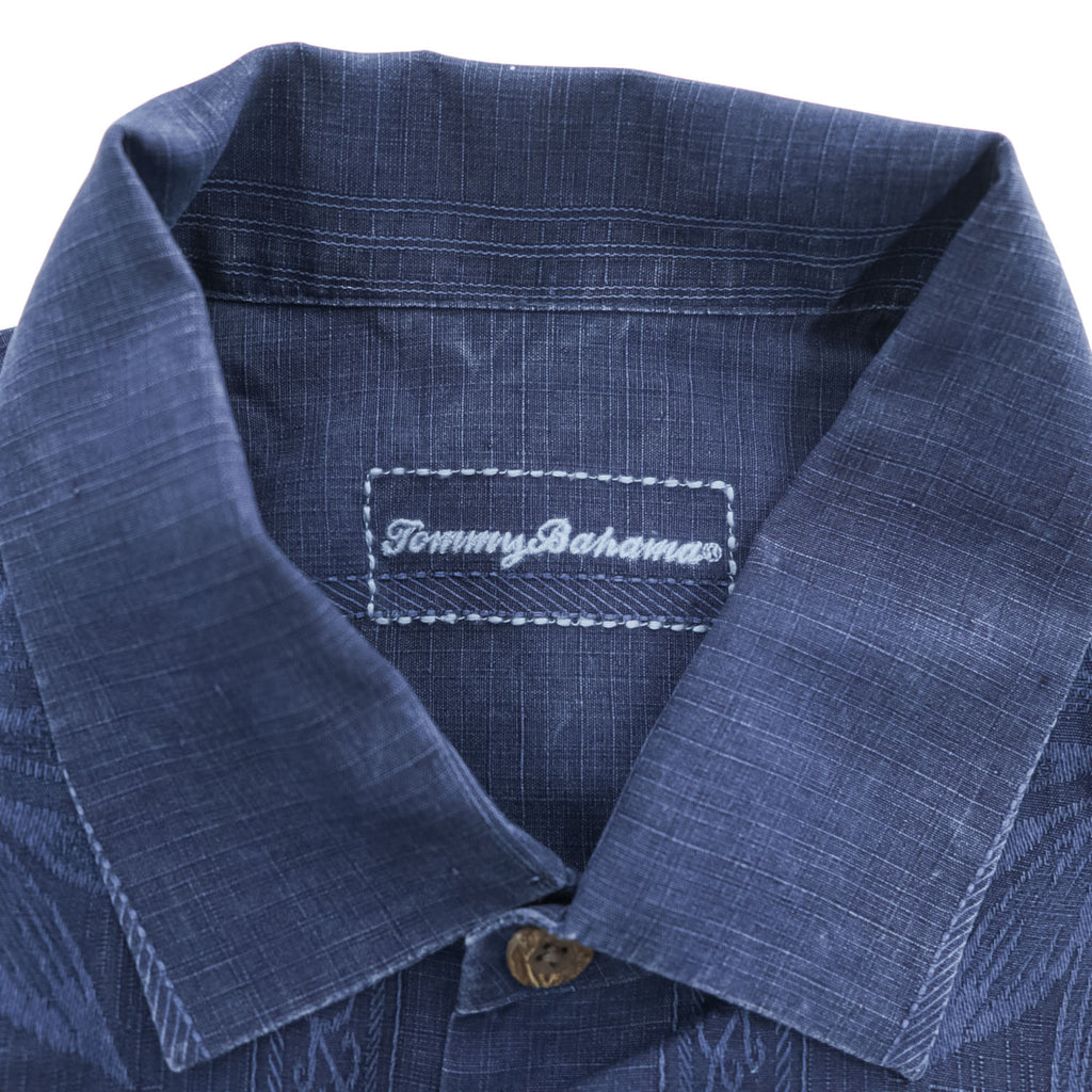 Tommy Bahama Short Sleeve Shirt Navy slub/linen-look, tonal floral vertical panels, coconut-style buttons