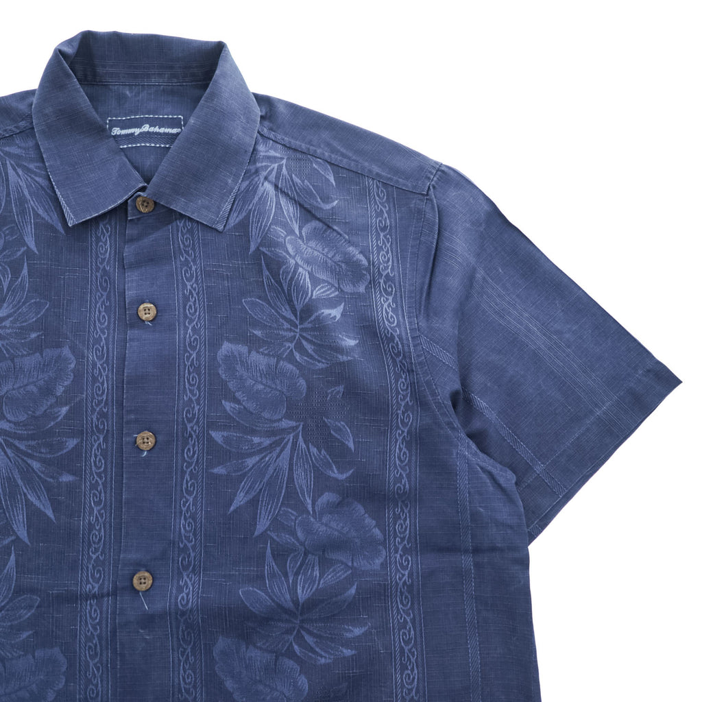 Tommy Bahama Short Sleeve Shirt Navy slub/linen-look, tonal floral vertical panels, coconut-style buttons