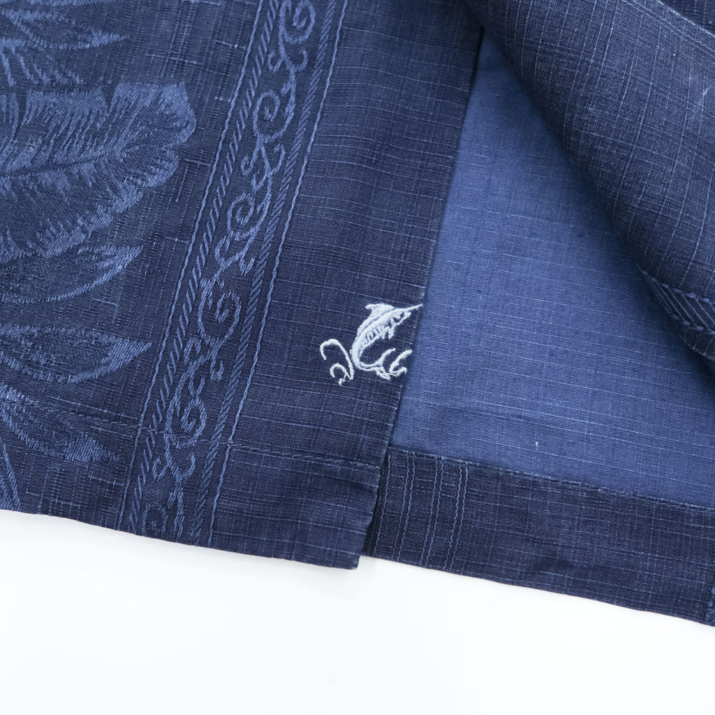 Tommy Bahama Short Sleeve Shirt Navy slub/linen-look, tonal floral vertical panels, coconut-style buttons