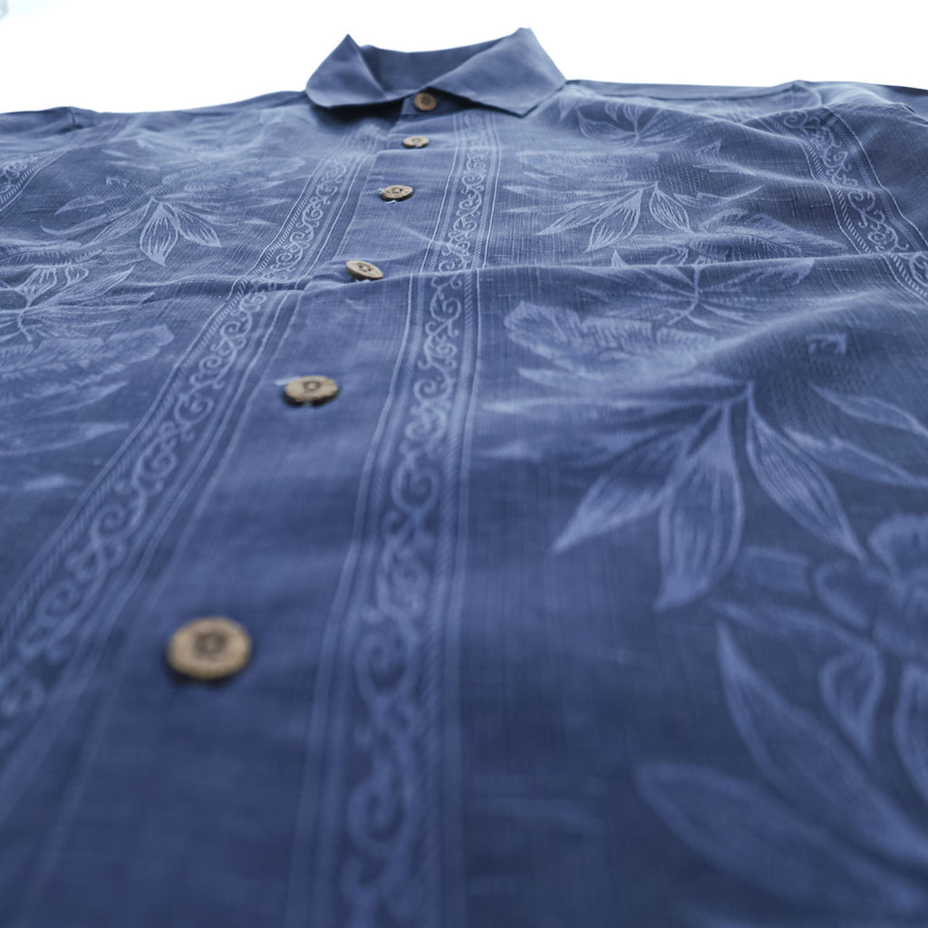 Tommy Bahama Short Sleeve Shirt Navy slub/linen-look, tonal floral vertical panels, coconut-style buttons