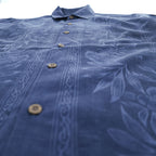 Tommy Bahama Short Sleeve Shirt Navy slub/linen-look, tonal floral vertical panels, coconut-style buttons