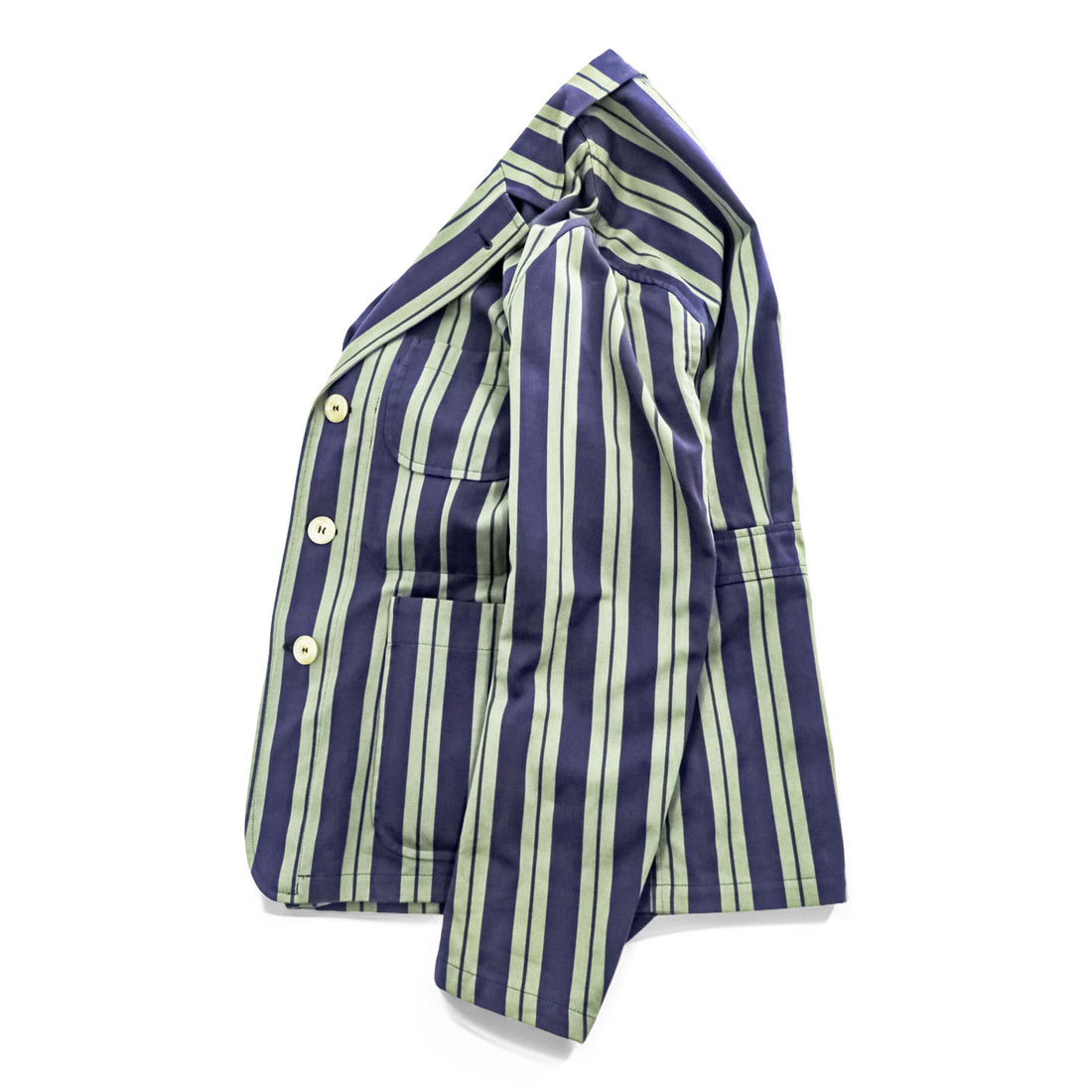 Nigel Cabourn boxy striped blazer navy×olive 3-button patch pockets unlined Made in England size 46