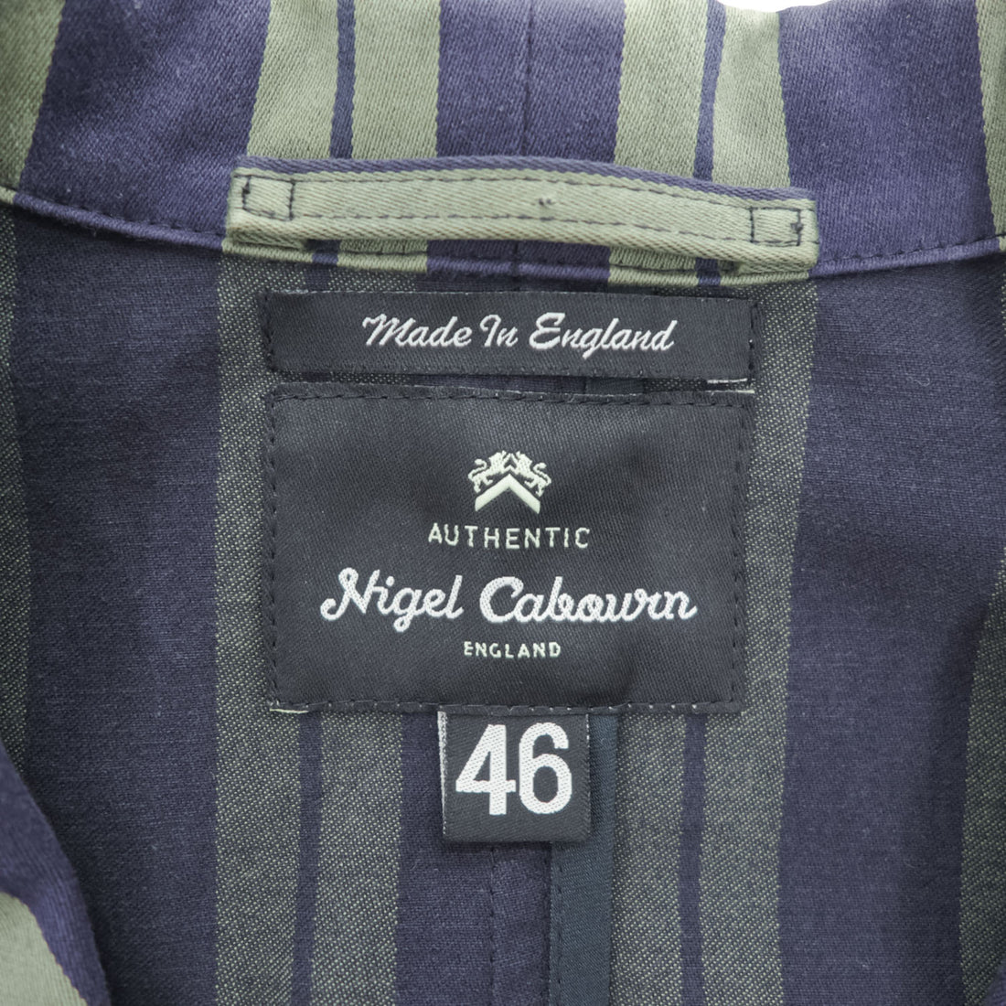 Nigel Cabourn boxy striped blazer navy×olive 3-button patch pockets unlined Made in England size 46