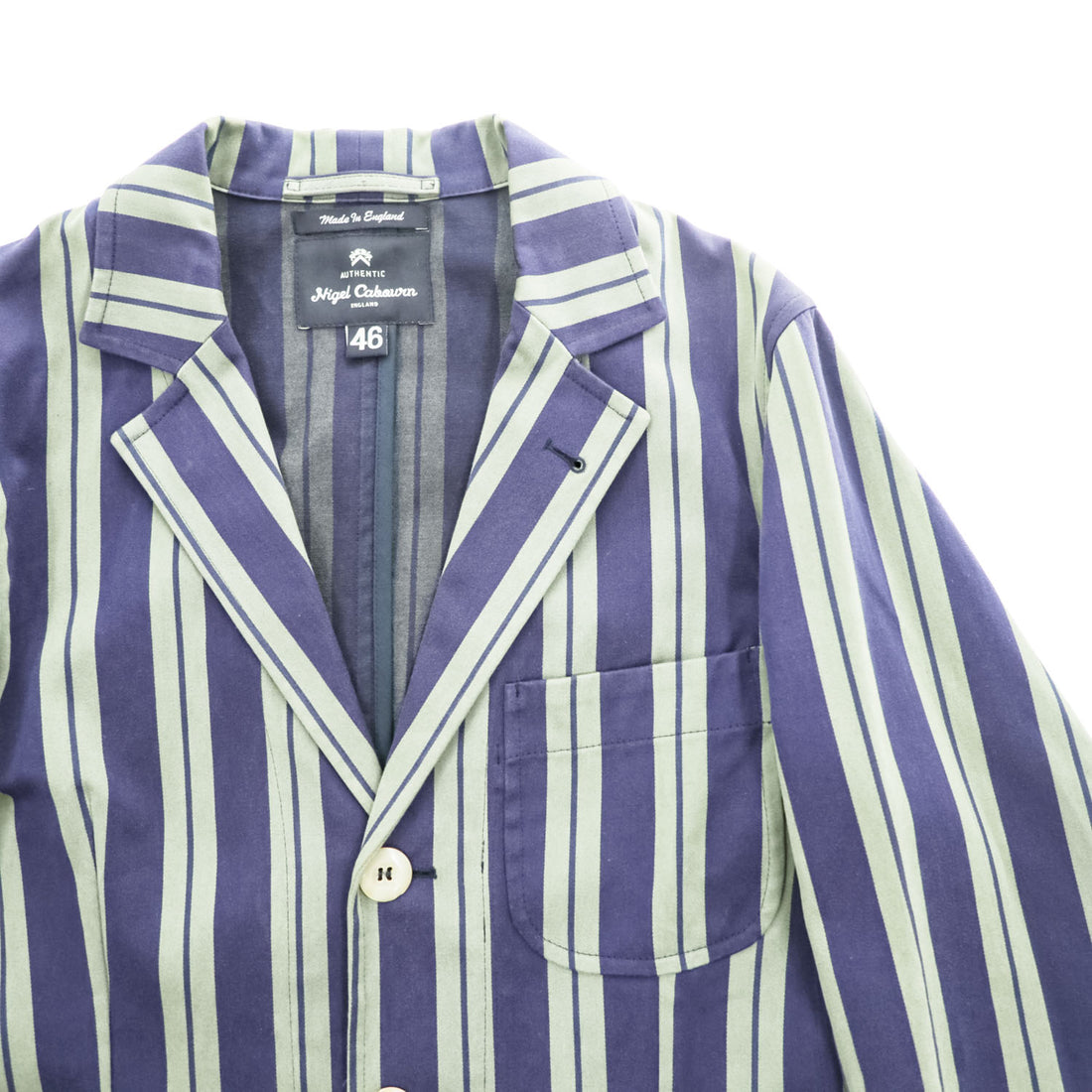 Nigel Cabourn boxy striped blazer navy×olive 3-button patch pockets unlined Made in England size 46