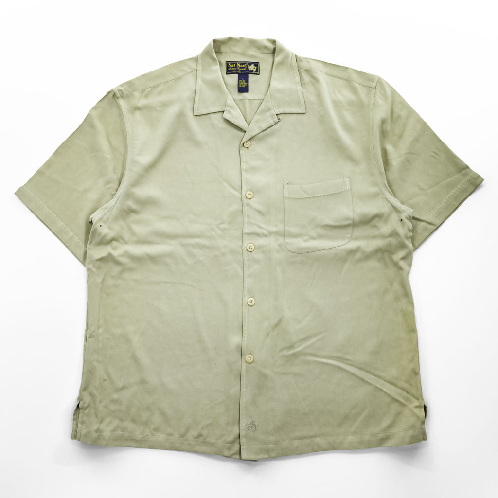 Nat Nast Luxury Originals 90s Vintage short sleeve 100% silk camp collar shirt sage green embroidered crest L