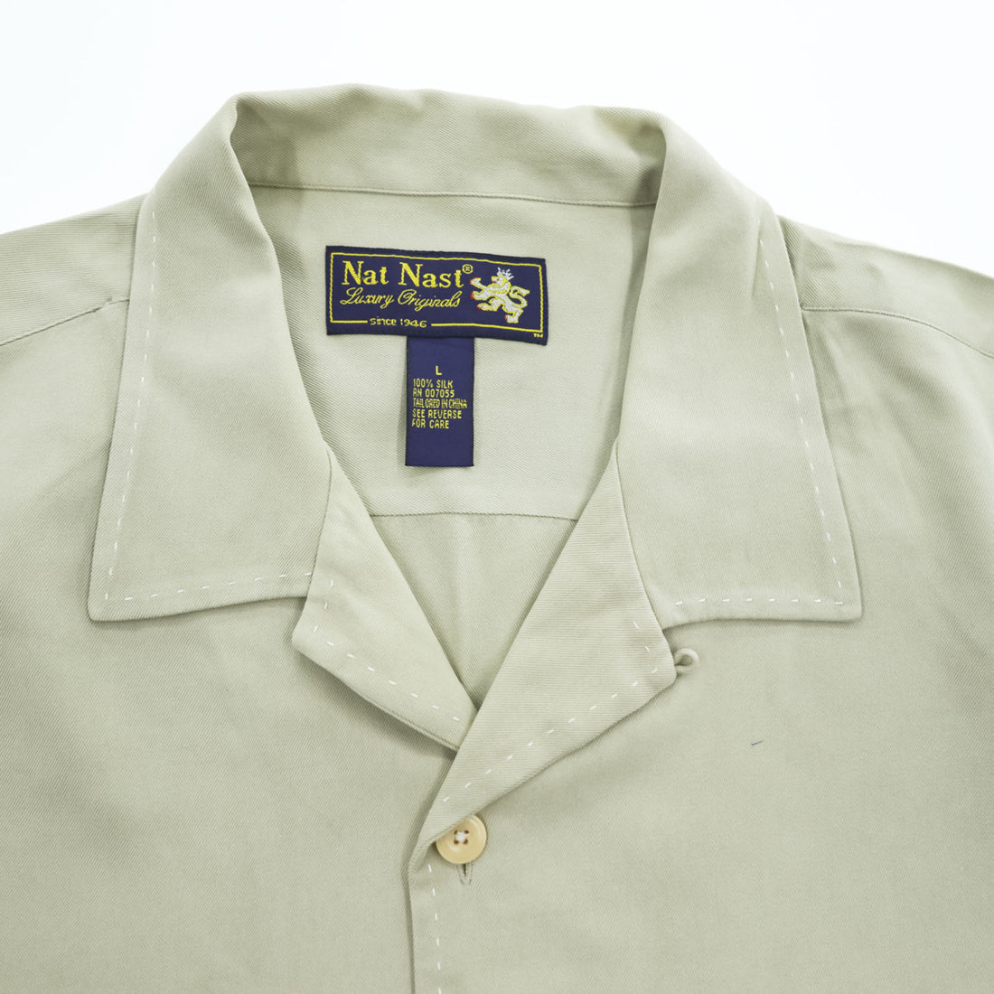 Nat Nast Luxury Originals 90s Vintage short sleeve 100% silk camp collar shirt sage green embroidered crest L
