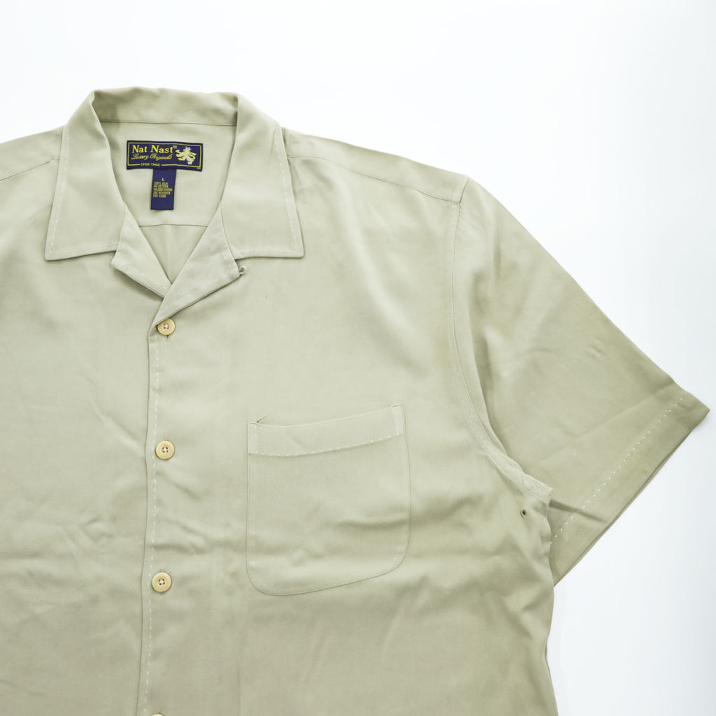 Nat Nast Luxury Originals 90s Vintage short sleeve 100% silk camp collar shirt sage green embroidered crest L