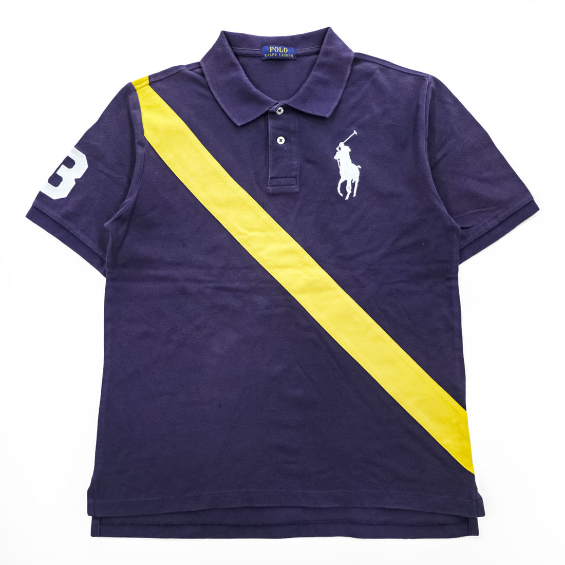 Polo Ralph Lauren ビッグポニー 刺繍 ポロシャツ S イエロー ネイビー 鹿の子 ラインデザイン