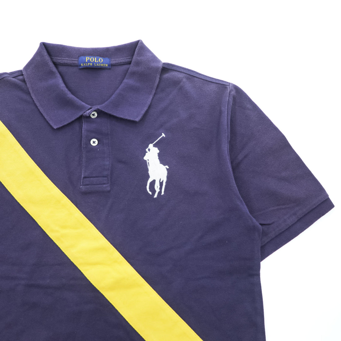 Polo Ralph Lauren Polo Shirt navy × yellow diagonal sash Big Pony embroidered sleeve '3' patch 100% cotton short sleeve side vents