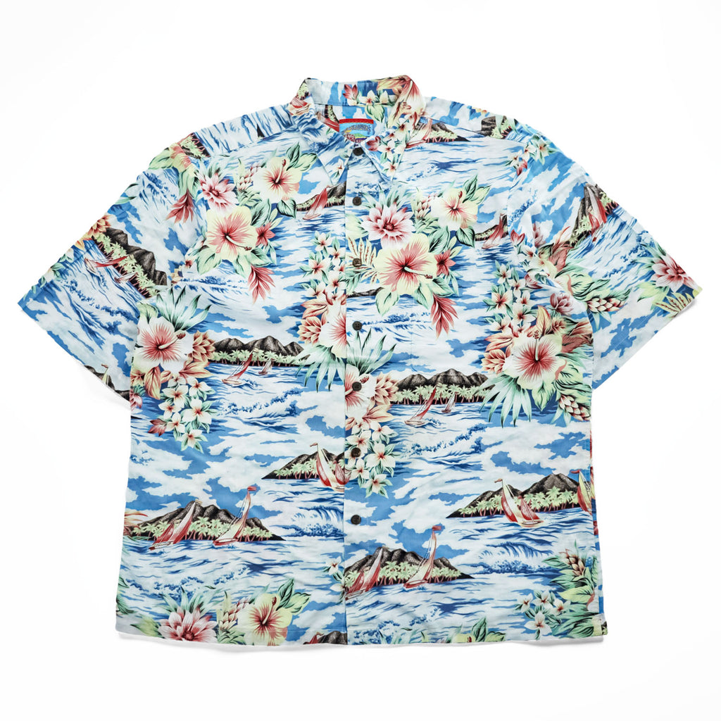 Reyn Spooner 90s Vintage Short-Sleeve Shirt, Size L, Blue/Green Patterned, JOE KEALOHA'S