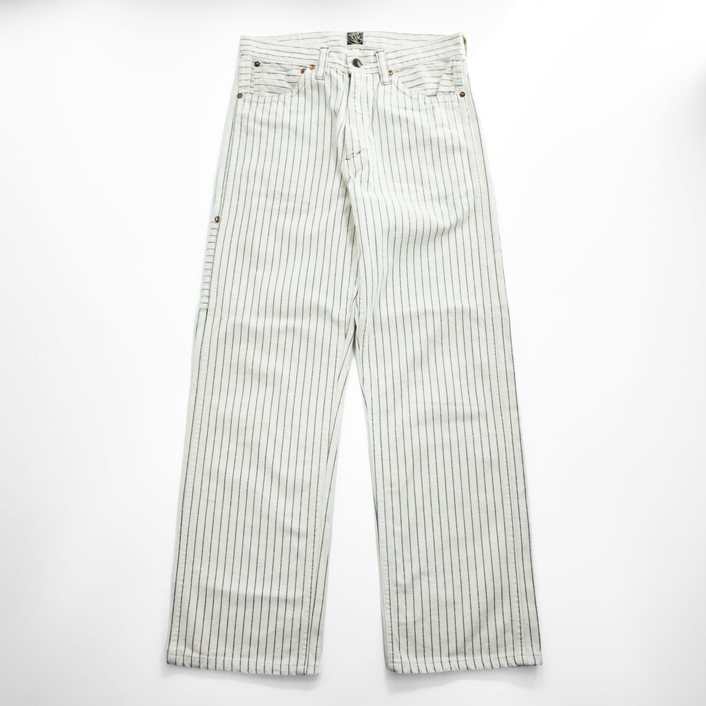 Sugar Cane & Co. Painter/Carpenter Pants White Navy Dot Pinstripe Cotton Denim Work Straight Rivets Leather Patch W30 L32
