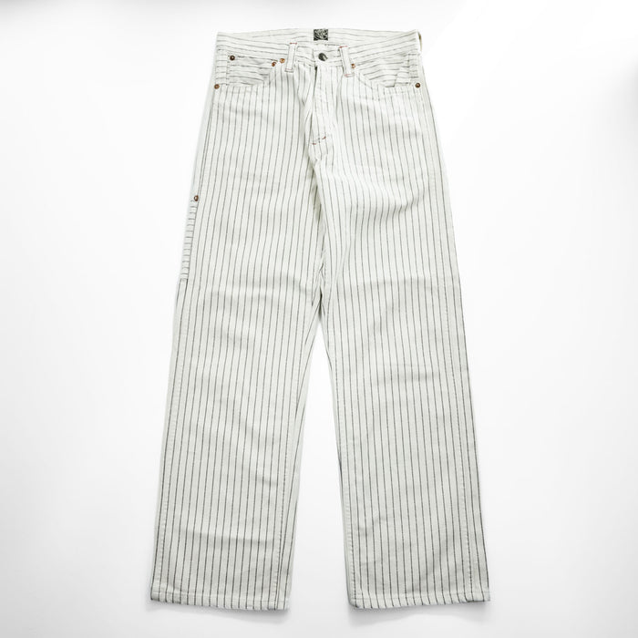 Sugar Cane & Co. Painter/Carpenter Pants White Navy Dot Pinstripe Cotton Denim Work Straight Rivets Leather Patch W30 L32