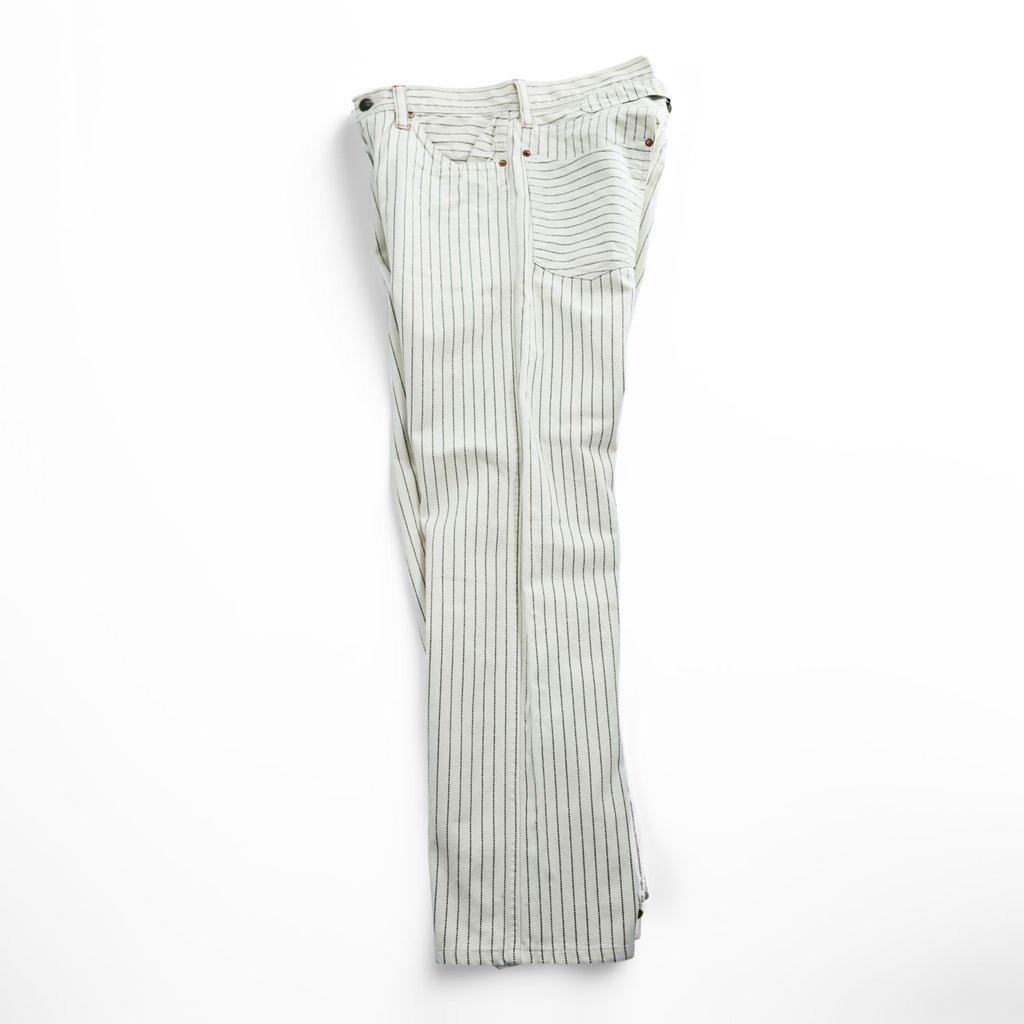 Sugar Cane & Co. Painter/Carpenter Pants White Navy Dot Pinstripe Cotton Denim Work Straight Rivets Leather Patch W30 L32