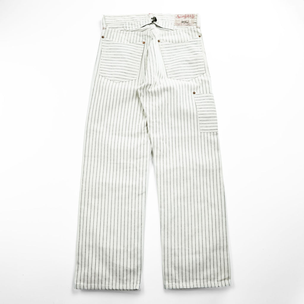 Sugar Cane & Co. Painter/Carpenter Pants White Navy Dot Pinstripe Cotton Denim Work Straight Rivets Leather Patch W30 L32