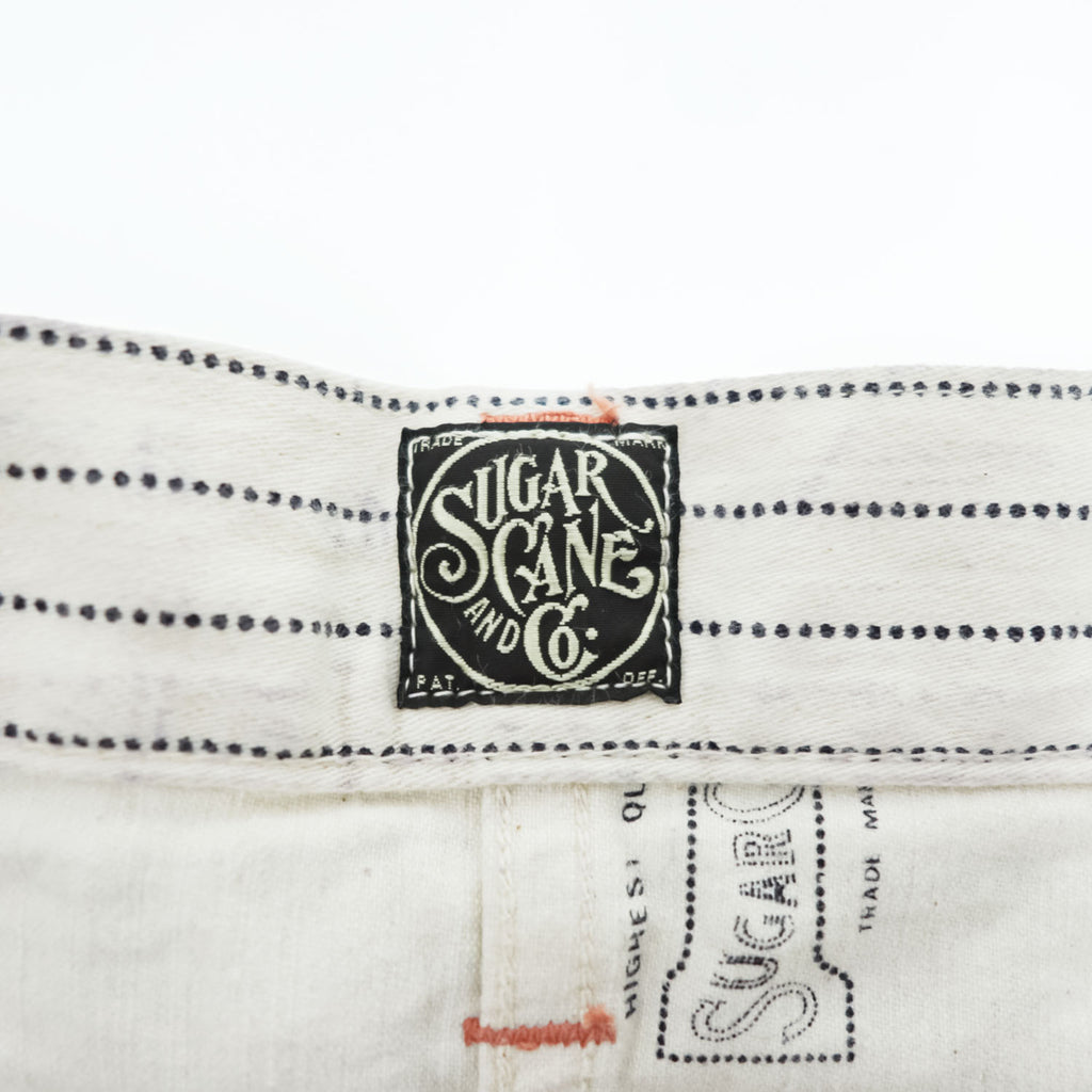 Sugar Cane & Co. Painter/Carpenter Pants White Navy Dot Pinstripe Cotton Denim Work Straight Rivets Leather Patch W30 L32