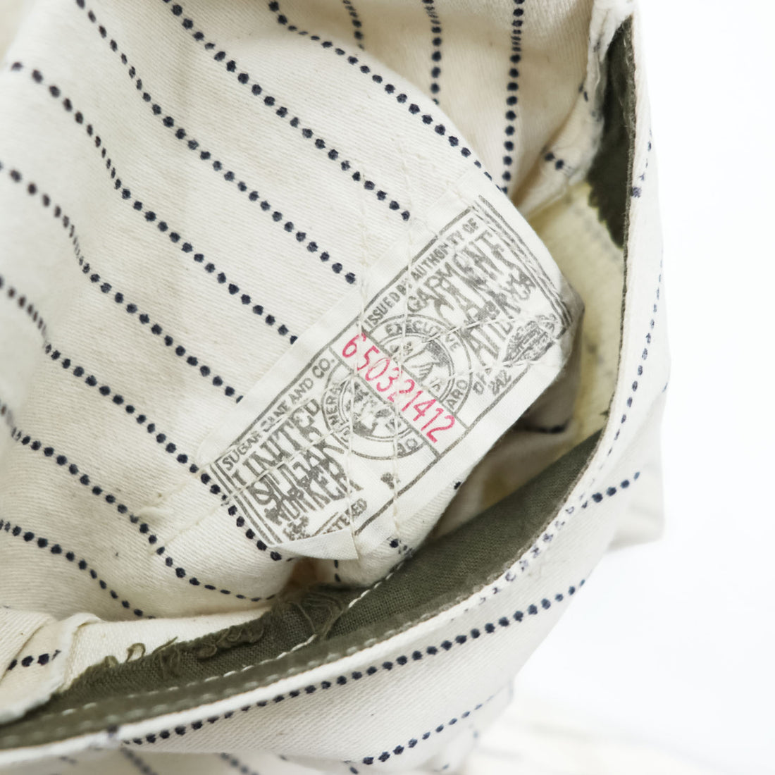 Sugar Cane & Co. Painter/Carpenter Pants White Navy Dot Pinstripe Cotton Denim Work Straight Rivets Leather Patch W30 L32