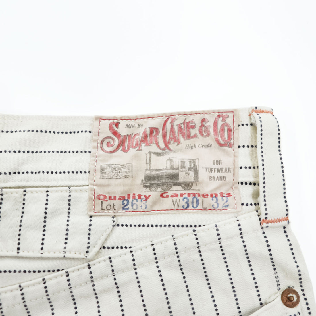 Sugar Cane & Co. Painter/Carpenter Pants White Navy Dot Pinstripe Cotton Denim Work Straight Rivets Leather Patch W30 L32