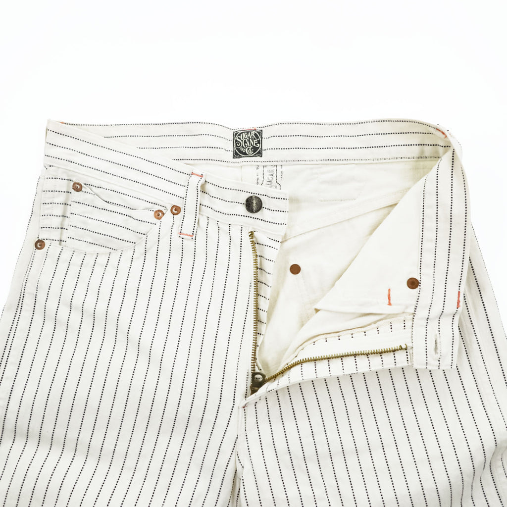 Sugar Cane & Co. Painter/Carpenter Pants White Navy Dot Pinstripe Cotton Denim Work Straight Rivets Leather Patch W30 L32