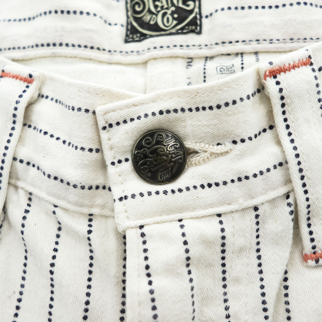Sugar Cane & Co. Painter/Carpenter Pants White Navy Dot Pinstripe Cotton Denim Work Straight Rivets Leather Patch W30 L32
