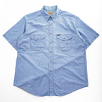 Woolrich 90s USA Made Vintage short sleeve chambray shirt light blue 100% cotton button-down chest flap pockets x2 back box pleat Made in USA XL