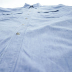 Woolrich 90s USA Made Vintage short sleeve chambray shirt light blue 100% cotton button-down chest flap pockets x2 back box pleat Made in USA XL