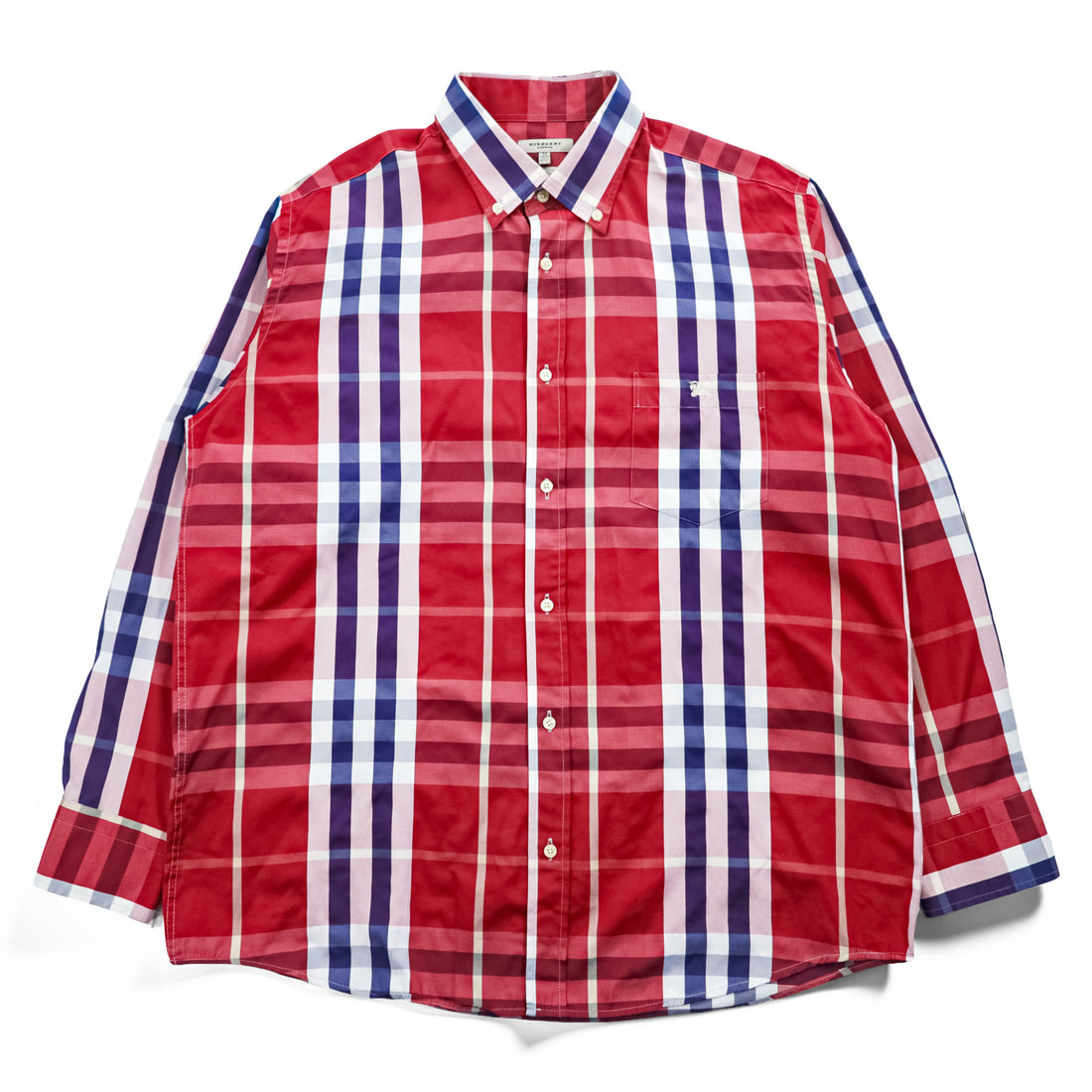 BURBERRY 英国製 ボタンダウン 長袖 ノバチェック シャツ XL CUSTOM FIT レッド 胸ポケット イギリス製