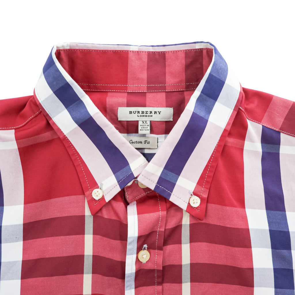 BURBERRY 英国製 ボタンダウン 長袖 ノバチェック シャツ XL CUSTOM FIT レッド 胸ポケット イギリス製