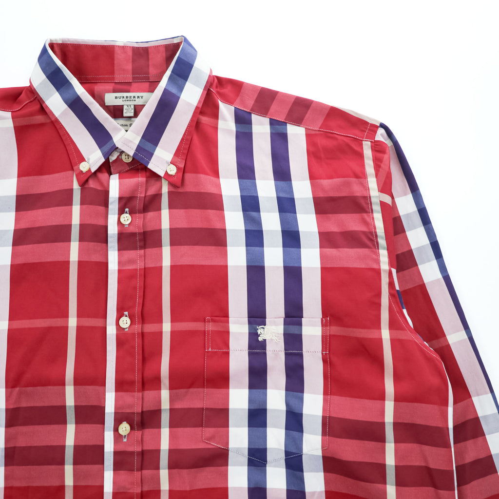 BURBERRY 英国製 ボタンダウン 長袖 ノバチェック シャツ XL CUSTOM FIT レッド 胸ポケット イギリス製