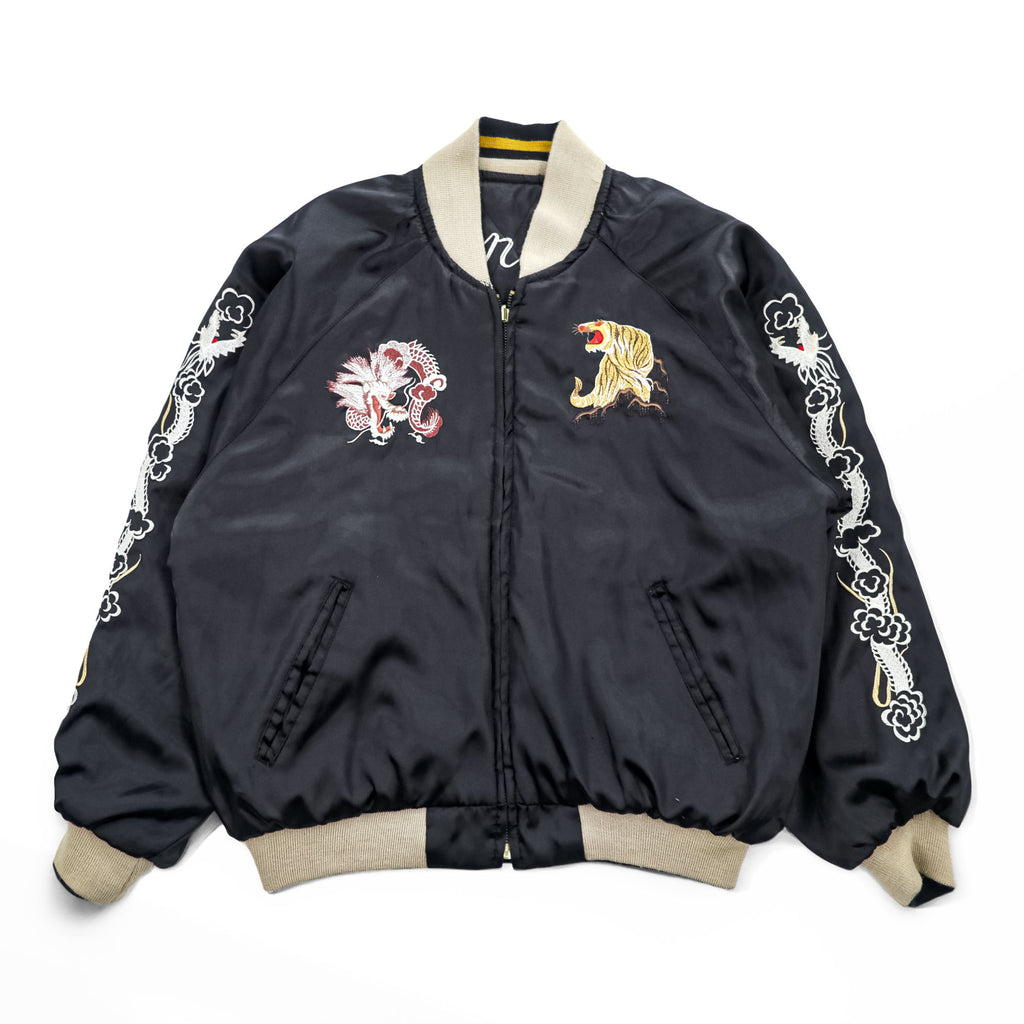 JAPAN 90s Vintage Sukajan souvenir jacket リバーシブル スカジャン L ブラック 刺繍 キルティング 虎 富士山 龍 鷲