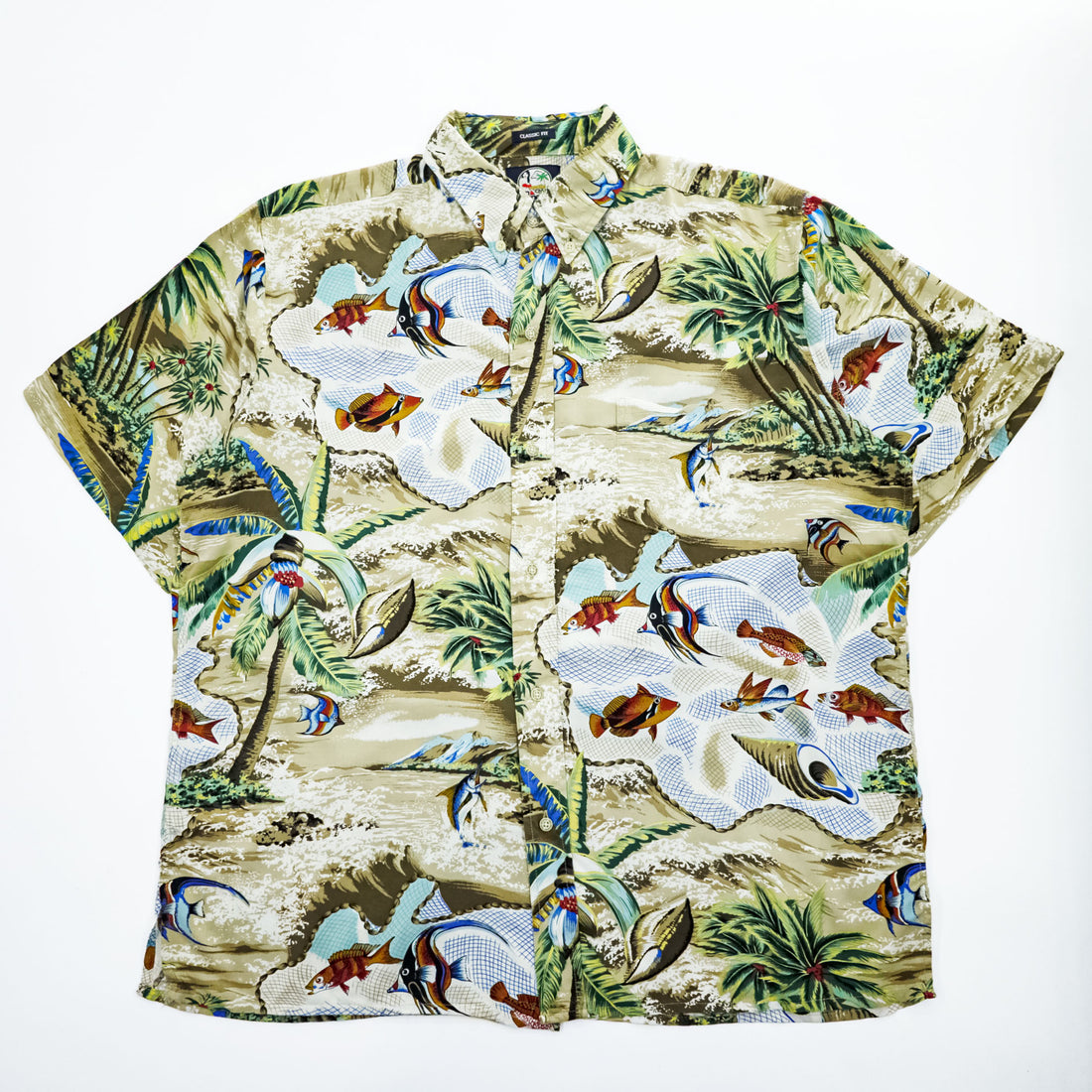 reyn spooner 90年代 ヴィンテージ アロハシャツ 半袖 レーヨンシャツ L CLASSIC FIT ベージュ 総柄 ビキニタグ 魚 ボタンダウン