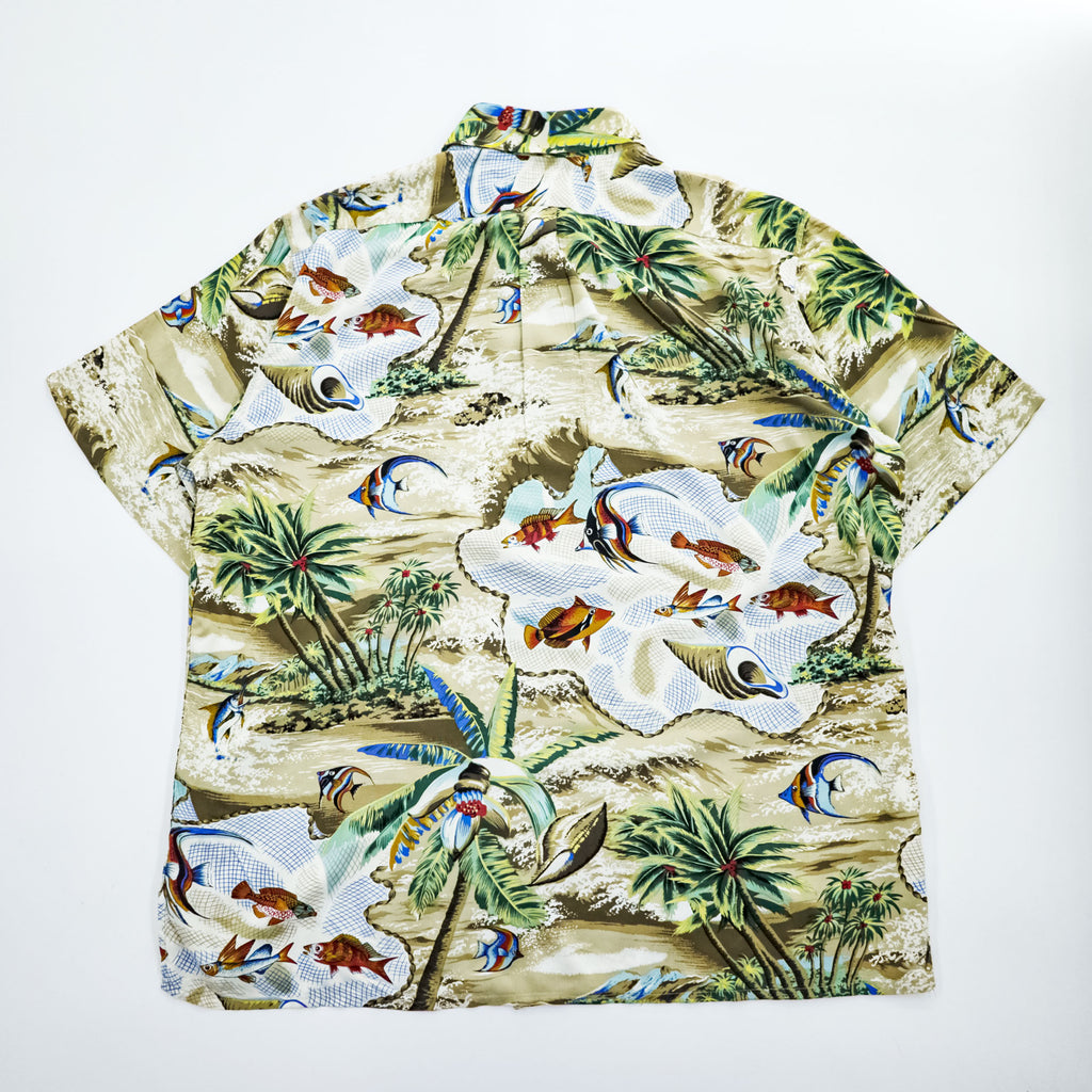 reyn spooner 90年代 ヴィンテージ アロハシャツ 半袖 レーヨンシャツ L CLASSIC FIT ベージュ 総柄 ビキニタグ 魚 ボタンダウン
