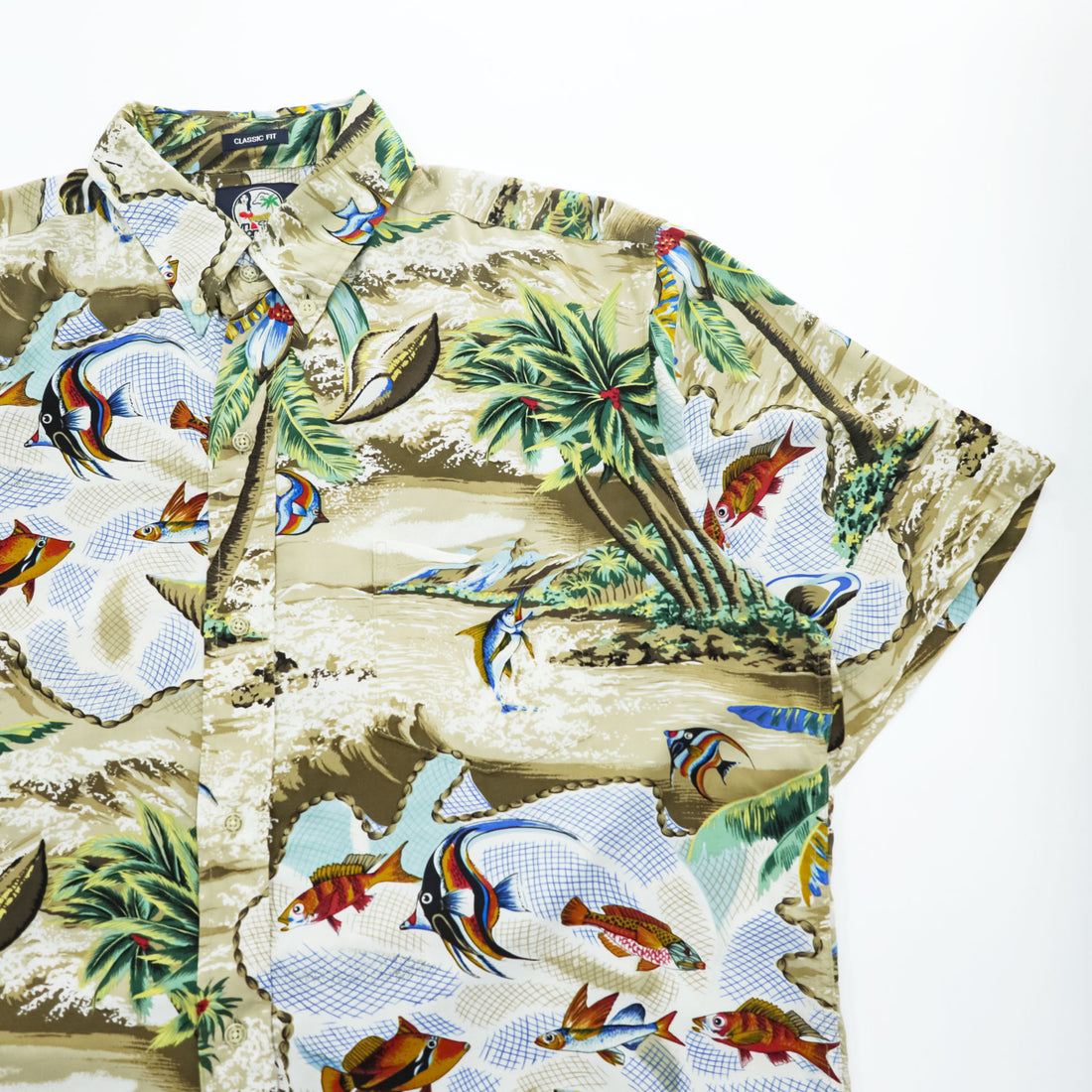 reyn spooner 90年代 ヴィンテージ アロハシャツ 半袖 レーヨンシャツ L CLASSIC FIT ベージュ 総柄 ビキニタグ 魚 ボタンダウン