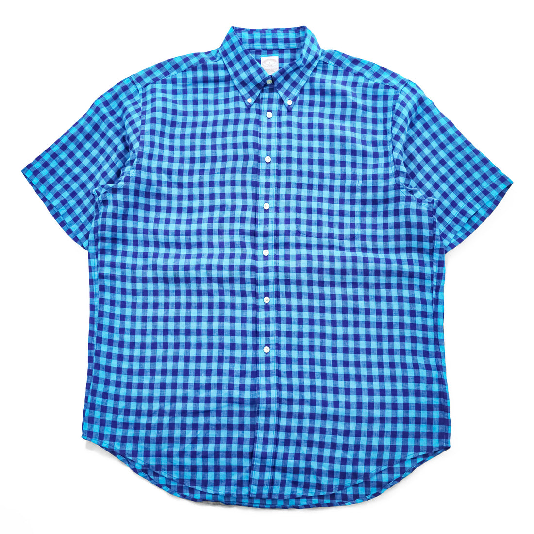 Brooks Brothers 346 半袖 リネン チェックシャツ L ブルー 麻100% ボタンダウン