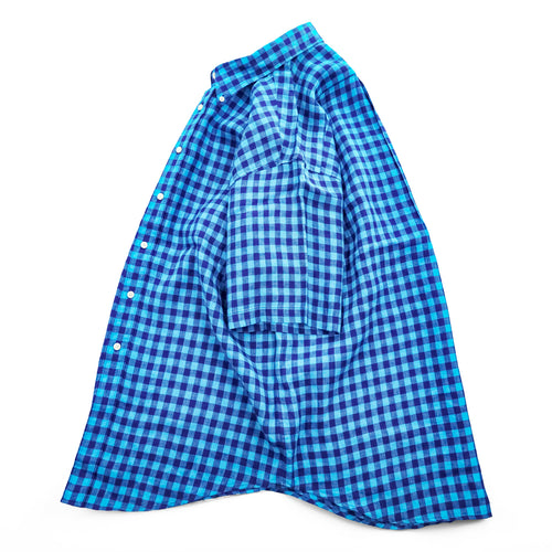 Brooks Brothers 346 半袖 リネン チェックシャツ L ブルー 麻100% ボタンダウン