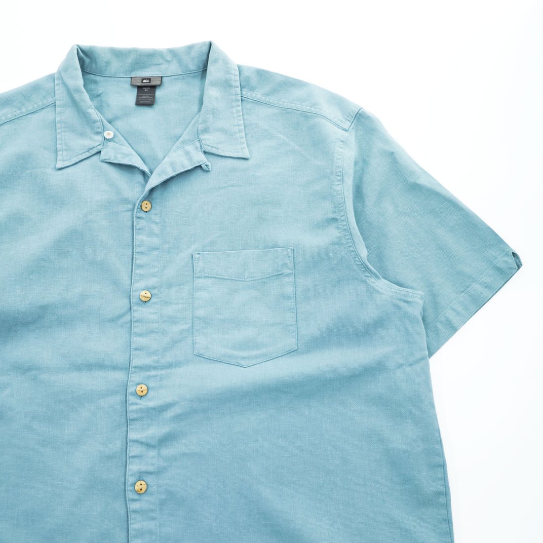 REI ヘンプ コットン 半袖 オープンカラー シャツ XL ブルー 開襟 ボックスシルエット 胸ポケット