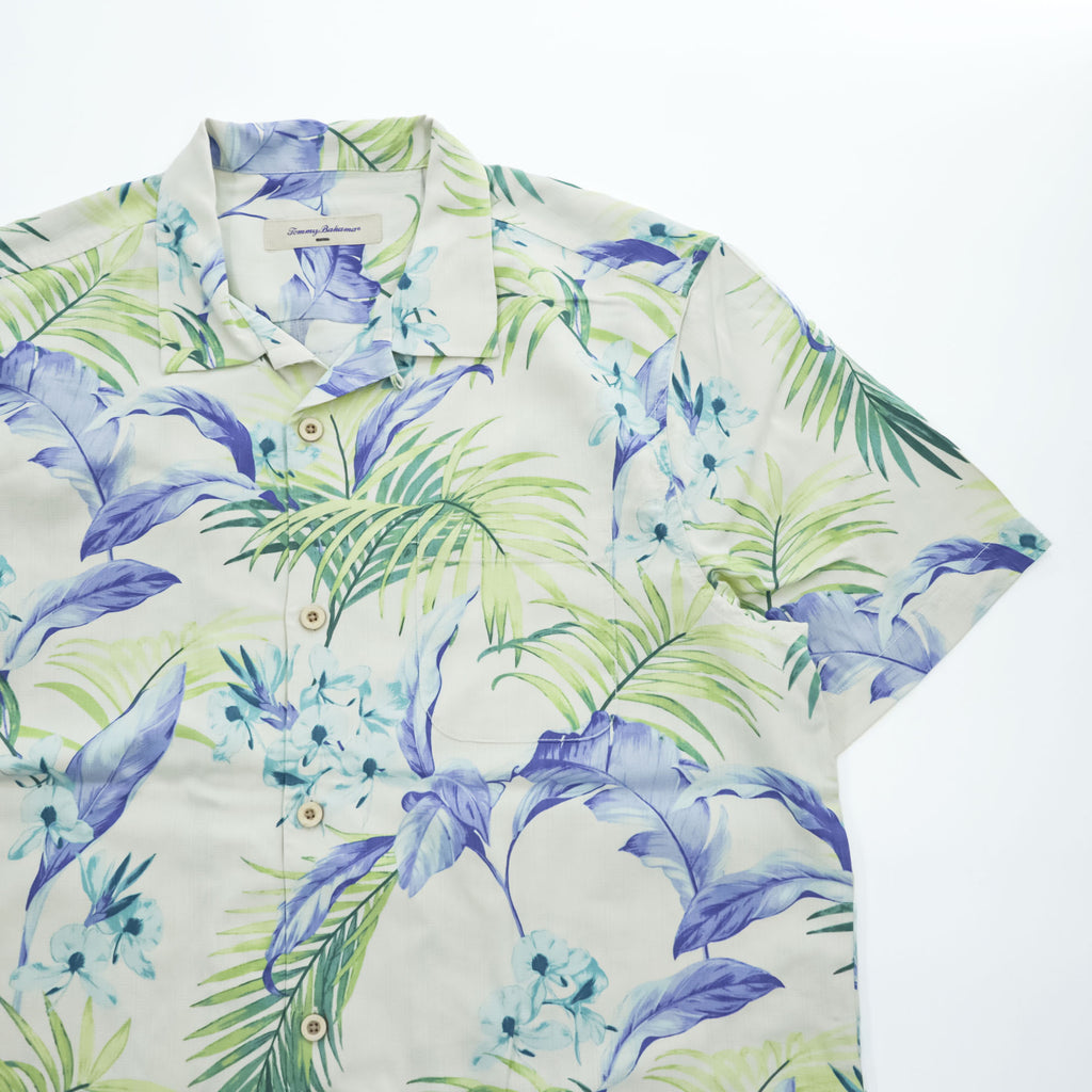 Tommy Bahama アロハシャツ 半袖 シルク オープンカラーシャツ L ベージュ 総柄 ボタニカル 開襟