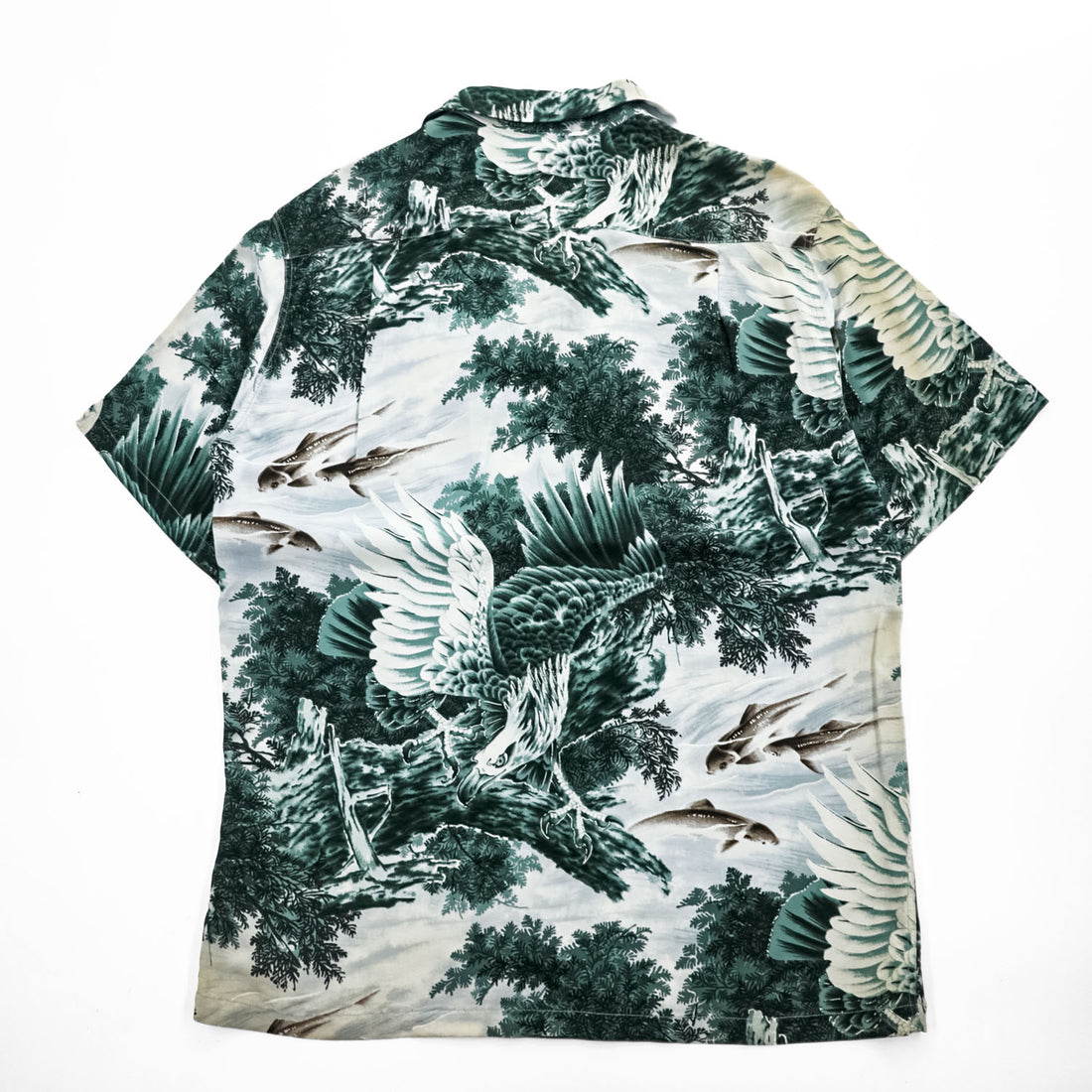 SUN SURF アロハシャツ 半袖 オープンカラー シャツ L グリーン 総柄 EAGLE & SWEET FISH 和柄 開襟 ちりめん SS31601