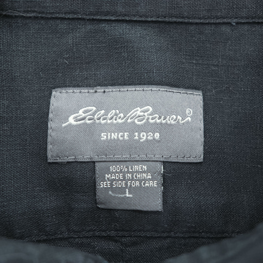 Eddie Bauer 半袖 リネン シャツ L ブラック 麻100% ボタンダウン 胸ポケット
