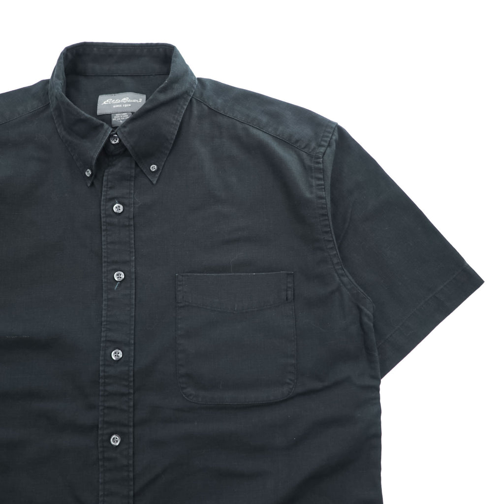 Eddie Bauer 半袖 リネン シャツ L ブラック 麻100% ボタンダウン 胸ポケット