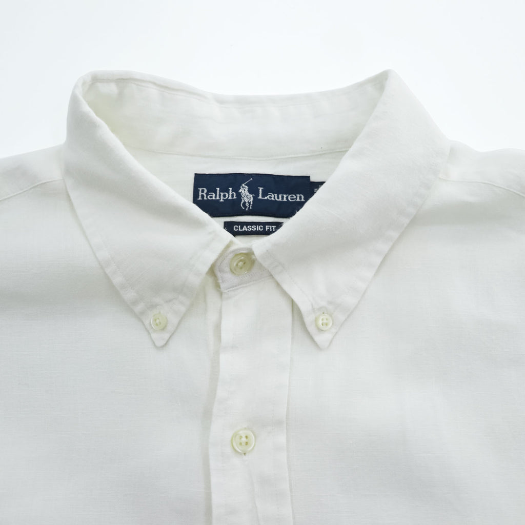 Ralph Lauren 90年代 ヴィンテージ 半袖 リネン シャツ XL CLASSIC FIT ホワイト スモールポニー ロゴ 刺繍 ボタンダウン