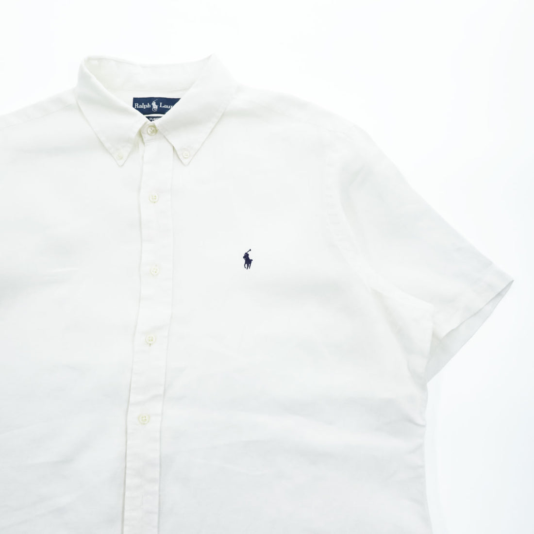 Ralph Lauren 90年代 ヴィンテージ 半袖 リネン シャツ XL CLASSIC FIT ホワイト スモールポニー ロゴ 刺繍 ボタンダウン