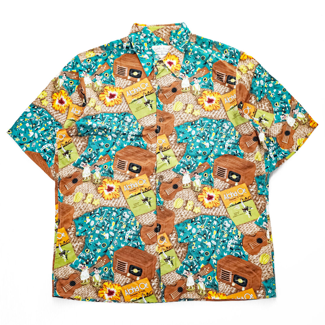 reyn spooner 90年代 ヴィンテージ ハワイ製 アロハシャツ 半袖シャツ L グリーン 総柄 ウクレレ フラガール Cynthia Conrad COLLECTION シングルステッチ