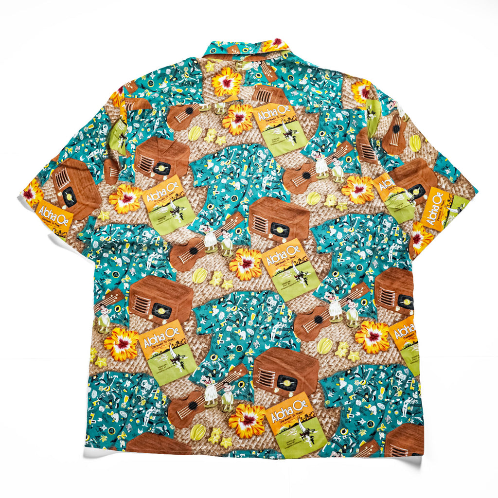reyn spooner 90年代 ヴィンテージ ハワイ製 アロハシャツ 半袖シャツ L グリーン 総柄 ウクレレ フラガール Cynthia Conrad COLLECTION シングルステッチ