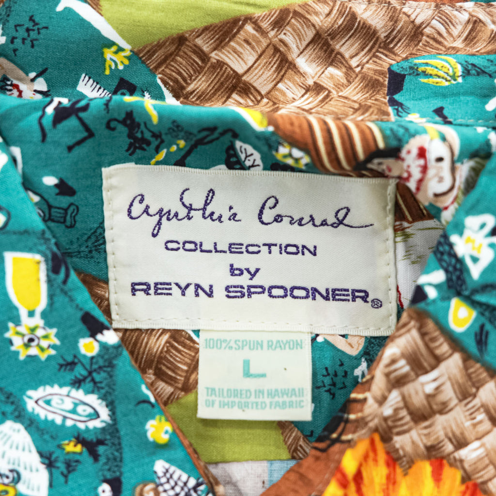reyn spooner 90年代 ヴィンテージ ハワイ製 アロハシャツ 半袖シャツ L グリーン 総柄 ウクレレ フラガール Cynthia Conrad COLLECTION シングルステッチ