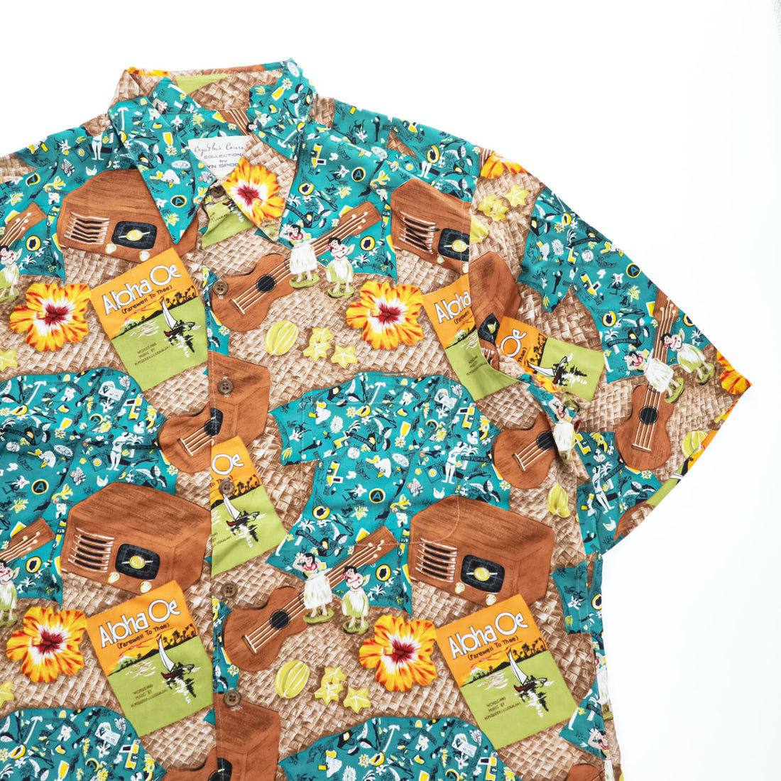 reyn spooner 90年代 ヴィンテージ ハワイ製 アロハシャツ 半袖シャツ L グリーン 総柄 ウクレレ フラガール Cynthia Conrad COLLECTION シングルステッチ