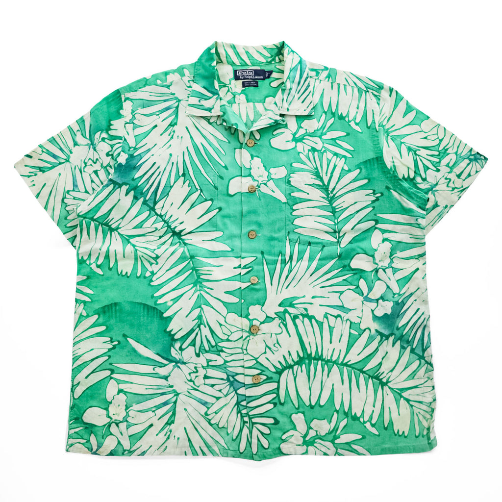 Polo Ralph Lauren 90年代 ヴィンテージ リネン アロハシャツ 半袖 オープンカラーシャツ L グリーン 総柄 ボックスシルエット 開襟