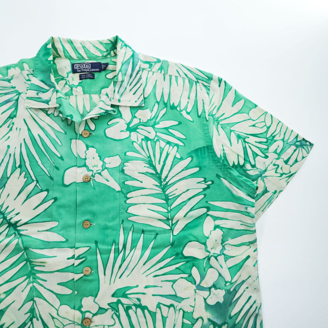 Polo Ralph Lauren 90年代 ヴィンテージ リネン アロハシャツ 半袖 オープンカラーシャツ L グリーン 総柄 ボックスシルエット 開襟