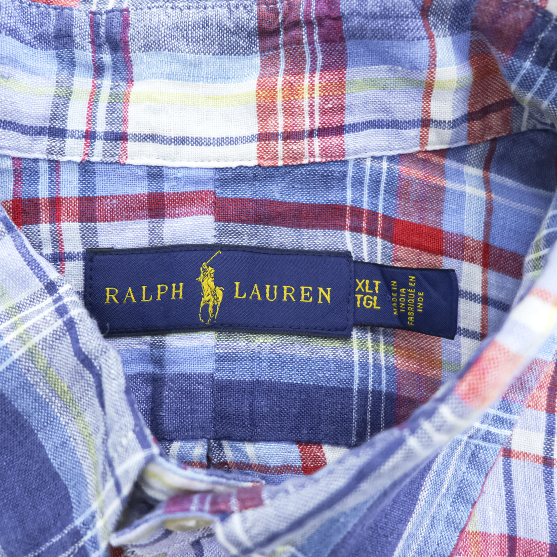 Ralph Lauren インド製 リネン 半袖 チェックシャツ XL ブルー 麻100% ビッグサイズ スモールポニー ロゴ 刺繍