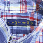 Ralph Lauren インド製 リネン 半袖 チェックシャツ XL ブルー 麻100% ビッグサイズ スモールポニー ロゴ 刺繍