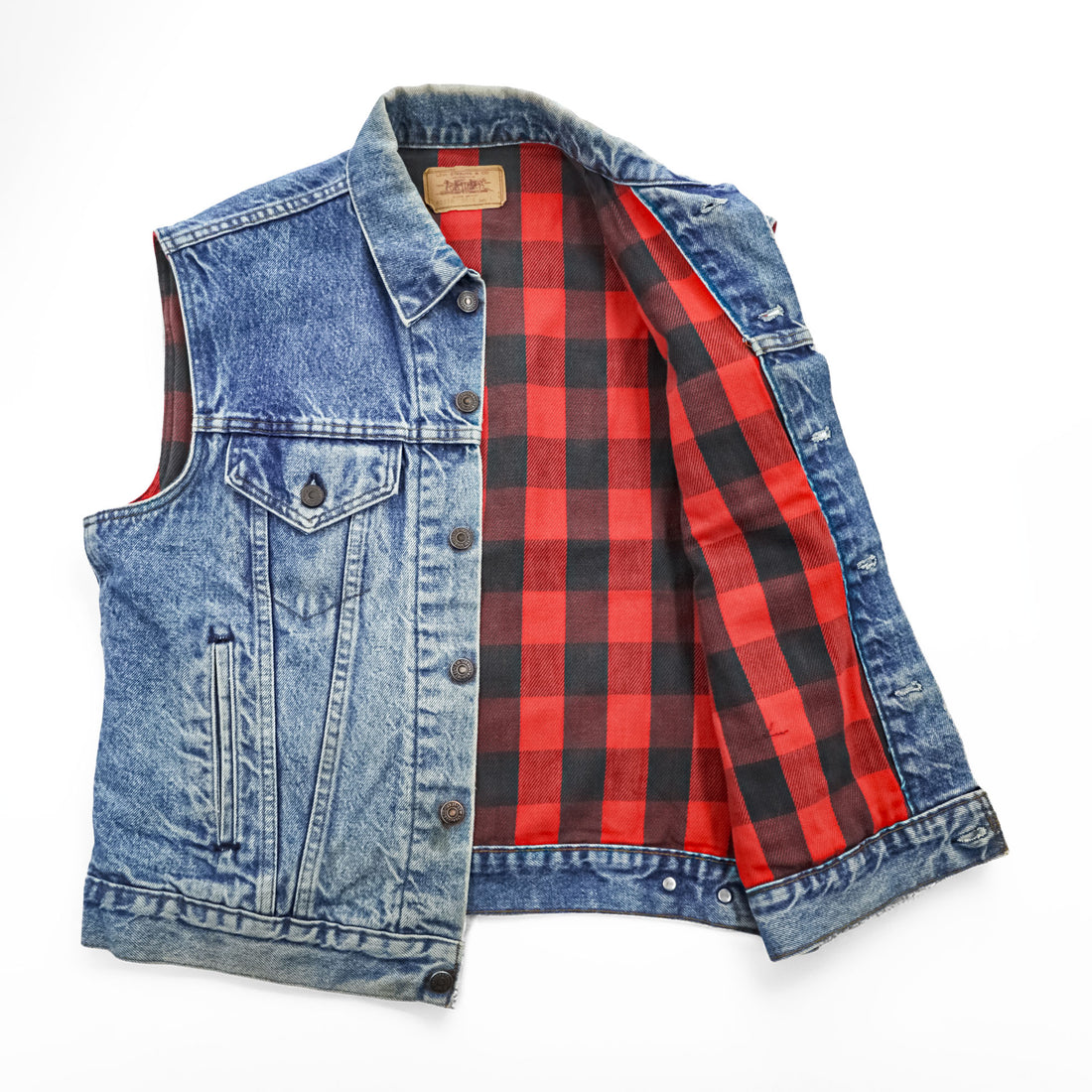 Levi's 80年代 USA製 ヴィンテージ デニム ベスト L バッファローチェック 裏地 ネルライナー 60518 0816